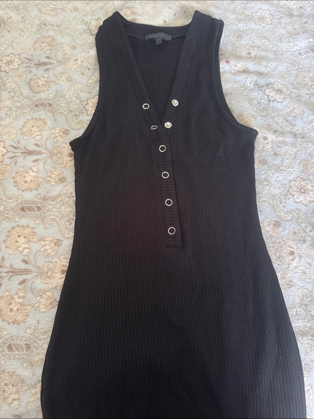 Classic Black Ribbed Midi Dress with Button Placket